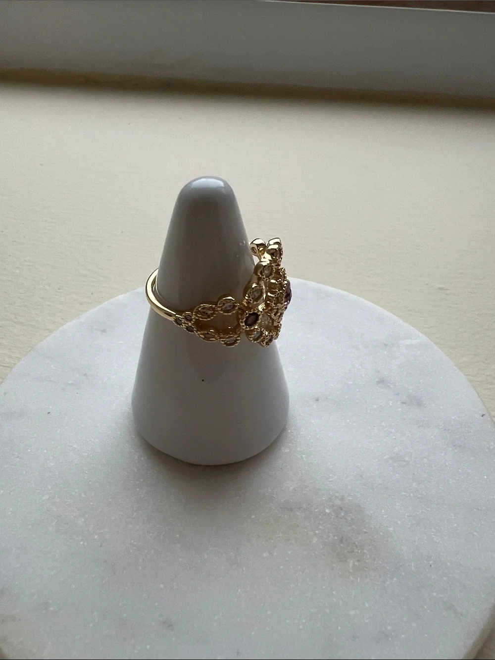 bp Gold-Tone Filigree Cocktail Ring with Pink Stones